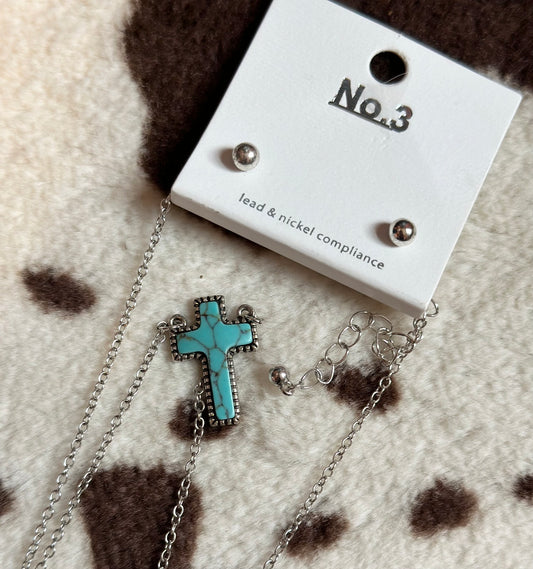 Teal cross necklace & earrings